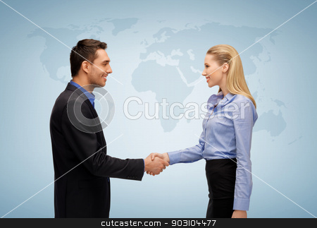To use this stock image in your creative project, please select the size you need over to the right and click the "Add to Cart" button.
Your downloaded image will come with the Cutcaster watermark removed so don’t worry about the watermark you see on this page. woman and man shaking hands stock photo, picture of businesswoman and businessman shaking hands by Syda Productions