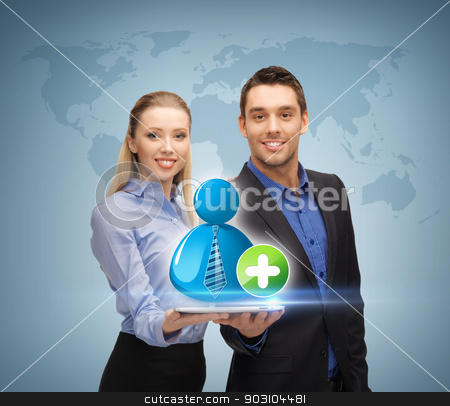 To use this stock image in your creative project, please select the size you need over to the right and click the "Add to Cart" button.
Your downloaded image will come with the Cutcaster watermark removed so don’t worry about the watermark you see on this page. man and woman with with contact icon stock photo, businessman and businesswoman holding tablet pc with contact icon by Syda Productions