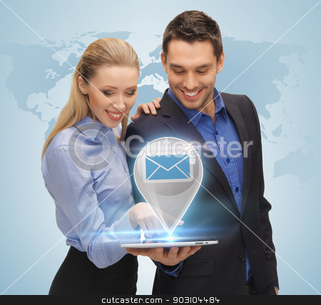 To use this stock image in your creative project, please select the size you need over to the right and click the "Add to Cart" button.
Your downloaded image will come with the Cutcaster watermark removed so don’t worry about the watermark you see on this page. man and woman with virtual email sign stock photo, businesswoman and businessman showing tablet pc with virtual email sign by Syda Productions