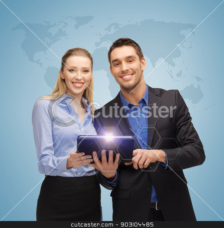 To use this stock image in your creative project, please select the size you need over to the right and click the "Add to Cart" button.
Your downloaded image will come with the Cutcaster watermark removed so don’t worry about the watermark you see on this page. man and woman with tablet pc stock photo, bright picture of man and woman with tablet pc and world map by Syda Productions