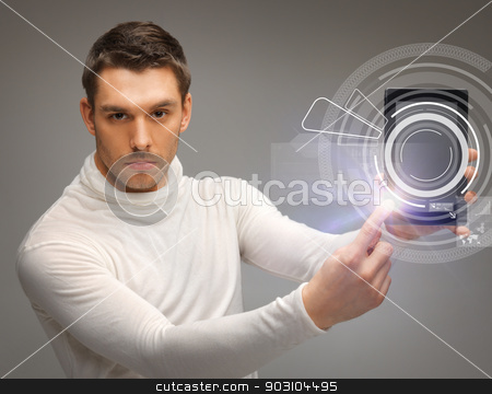 To use this stock image in your creative project, please select the size you need over to the right and click the "Add to Cart" button.
Your downloaded image will come with the Cutcaster watermark removed so don’t worry about the watermark you see on this page. man with virtual tablet pc stock photo, man with tablet pc touching virtual screen by Syda Productions