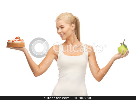 To use this stock image in your creative project, please select the size you need over to the right and click the "Add to Cart" button.
Your downloaded image will come with the Cutcaster watermark removed so don’t worry about the watermark you see on this page. sporty woman with apple and cake stock photo, picture of sporty woman with apple and cake by Syda Productions