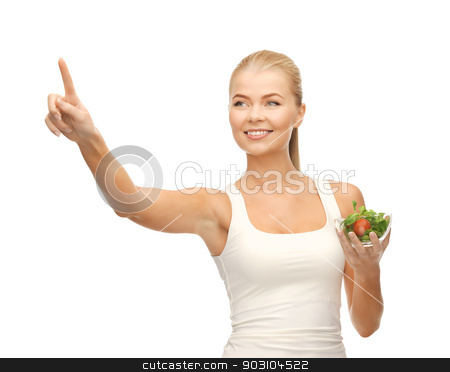To use this stock image in your creative project, please select the size you need over to the right and click the "Add to Cart" button.
Your downloaded image will come with the Cutcaster watermark removed so don’t worry about the watermark you see on this page. healthy woman holding bowl with salad stock photo, woman with salad pointing her finger at something by Syda Productions