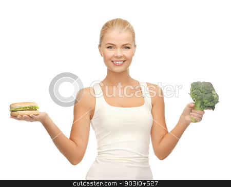 To use this stock image in your creative project, please select the size you need over to the right and click the "Add to Cart" button.
Your downloaded image will come with the Cutcaster watermark removed so don’t worry about the watermark you see on this page. woman with broccoli and hamburger stock photo, picture of sporty woman with broccoli and hamburger by Syda Productions