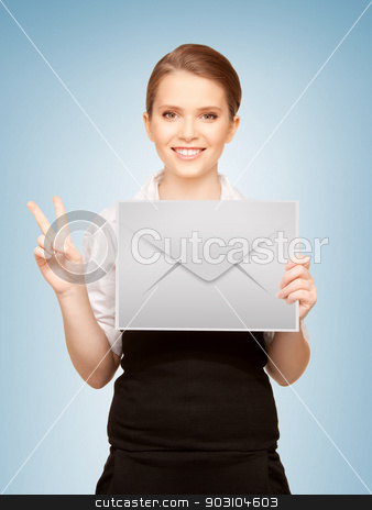To use this stock image in your creative project, please select the size you need over to the right and click the "Add to Cart" button.
Your downloaded image will come with the Cutcaster watermark removed so don’t worry about the watermark you see on this page. woman showing virtual envelope stock photo, picture of smiling girl showing virtual envelope and victory gesture by Syda Productions
