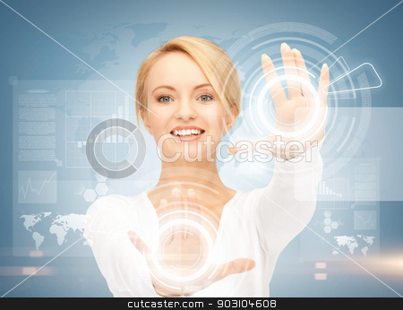 To use this stock image in your creative project, please select the size you need over to the right and click the "Add to Cart" button.
Your downloaded image will come with the Cutcaster watermark removed so don’t worry about the watermark you see on this page. businesswoman touching virtual screen stock photo, picture of attractive businesswoman touching virtual screen by Syda Productions