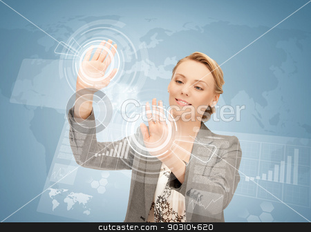 To use this stock image in your creative project, please select the size you need over to the right and click the "Add to Cart" button.
Your downloaded image will come with the Cutcaster watermark removed so don’t worry about the watermark you see on this page. businesswoman touching virtual screen stock photo, picture of attractive businesswoman touching virtual screen by Syda Productions