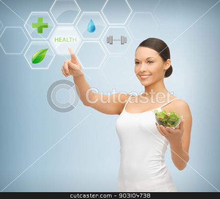 To use this stock image in your creative project, please select the size you need over to the right and click the "Add to Cart" button.
Your downloaded image will come with the Cutcaster watermark removed so don’t worry about the watermark you see on this page. woman with salad and virtual screen stock photo, woman holding salad and working with menu on virtual screen by Syda Productions