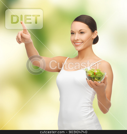 To use this stock image in your creative project, please select the size you need over to the right and click the "Add to Cart" button.
Your downloaded image will come with the Cutcaster watermark removed so don’t worry about the watermark you see on this page. healthy woman holding bowl with salad stock photo, woman with salad pressing virtual button by Syda Productions