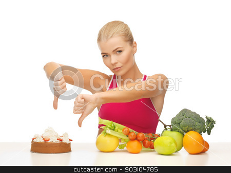 To use this stock image in your creative project, please select the size you need over to the right and click the "Add to Cart" button.
Your downloaded image will come with the Cutcaster watermark removed so don’t worry about the watermark you see on this page. woman with fruits showing thumbs down to cake stock photo, woman with healthy food showing thumbs down to cake by Syda Productions