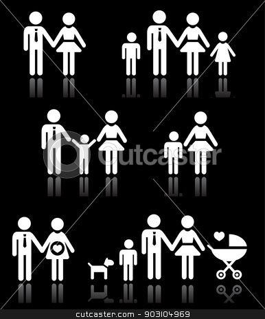 To use this stock image in your creative project, please select the size you need over to the right and click the "Add to Cart" button.
Your downloaded image will come with the Cutcaster watermark removed so don’t worry about the watermark you see on this page. Family, parents and children, pregnant woman icons set on black stock vector clipart, Vector white icons set of family isolated on black background by Agnieszka Murphy