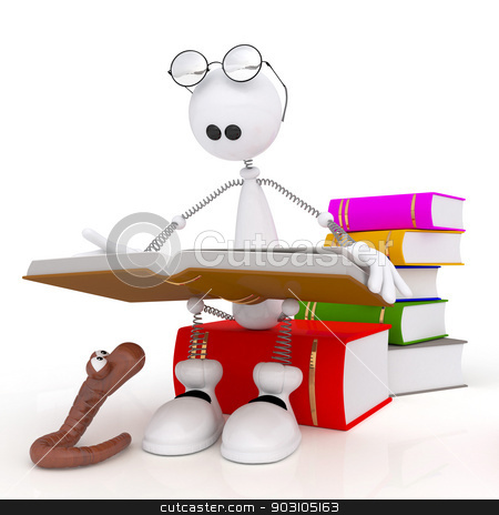 To use this stock image in your creative project, please select the size you need over to the right and click the "Add to Cart" button.
Your downloaded image will come with the Cutcaster watermark removed so don’t worry about the watermark you see on this page. The 3D little man reads the book. stock photo, The white person sits in library at books with a worm. by karelin721