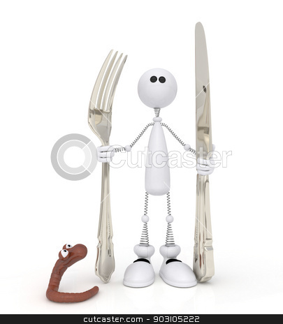 To use this stock image in your creative project, please select the size you need over to the right and click the "Add to Cart" button.
Your downloaded image will come with the Cutcaster watermark removed so don’t worry about the watermark you see on this page. 3d little man cook. stock photo, The character costs with a fork and a knife near a worm. by karelin721