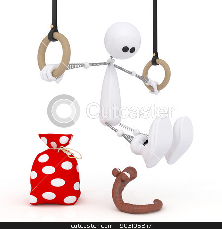 To use this stock image in your creative project, please select the size you need over to the right and click the "Add to Cart" button.
Your downloaded image will come with the Cutcaster watermark removed so don’t worry about the watermark you see on this page. 3d little man gymnast. stock photo, The white character on springs does exercise on rings. by karelin721