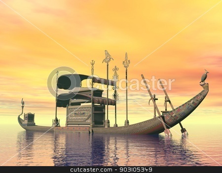 To use this stock image in your creative project, please select the size you need over to the right and click the "Add to Cart" button.
Your downloaded image will come with the Cutcaster watermark removed so don’t worry about the watermark you see on this page. Egyptian sacred barge with tomb - 3D render stock photo, Egyptian sacred barge with tomb floating on the water by sunset by Elenarts