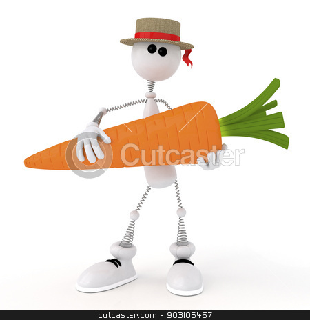To use this stock image in your creative project, please select the size you need over to the right and click the "Add to Cart" button.
Your downloaded image will come with the Cutcaster watermark removed so don’t worry about the watermark you see on this page. The 3D white little man with carrot. stock photo, The gardener grew up very big crop. by karelin721