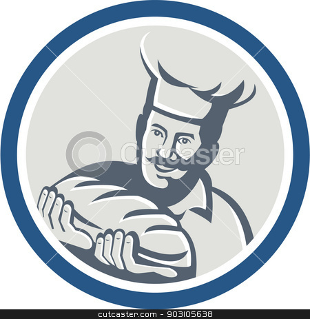 To use this stock image in your creative project, please select the size you need over to the right and click the "Add to Cart" button.
Your downloaded image will come with the Cutcaster watermark removed so don’t worry about the watermark you see on this page. Baker Hold Bread Loaf Retro Circle stock vector clipart, Illustration of a baker chef cook holding loaf of bread set inside circle on isolated background done in retro style. by patrimonio