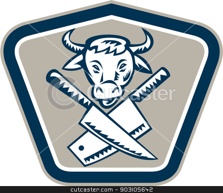 To use this stock image in your creative project, please select the size you need over to the right and click the "Add to Cart" button.
Your downloaded image will come with the Cutcaster watermark removed so don’t worry about the watermark you see on this page. Butcher Knife Cow Head Shield stock vector clipart, Retro woodcut style illustration of a crossed butcher meat cleaver knife with cow head facing front set inside shield on isolated background. by patrimonio
