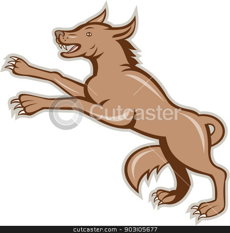 To use this stock image in your creative project, please select the size you need over to the right and click the "Add to Cart" button.
Your downloaded image will come with the Cutcaster watermark removed so don’t worry about the watermark you see on this page. Wolf Wild Dog on Hind Legs Cartoon stock vector clipart, Illustration of an angry wild dog wolf on it's hind legs viewed from side done in cartoon style on isolated background. by patrimonio