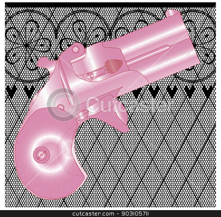 To use this stock image in your creative project, please select the size you need over to the right and click the "Add to Cart" button.
Your downloaded image will come with the Cutcaster watermark removed so don’t worry about the watermark you see on this page. Ladies Gun stock vector clipart, A Derringer pistol in pink over a lace stocking background in a fishnet style with hearts and flowers by Kotto