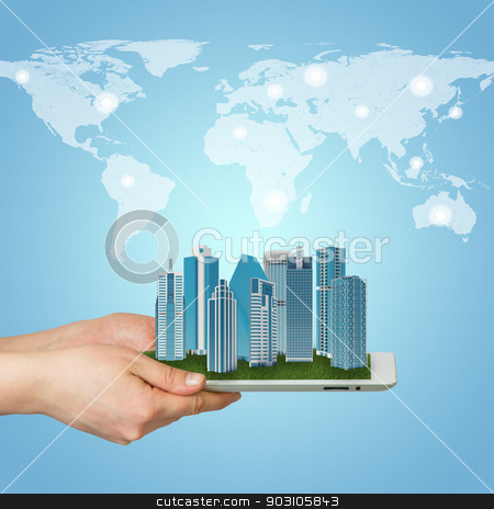 To use this stock image in your creative project, please select the size you need over to the right and click the "Add to Cart" button.
Your downloaded image will come with the Cutcaster watermark removed so don’t worry about the watermark you see on this page. Hands holding tablet computer stock photo, Hands holding a tablet computer. In screen tablet city of skyscrapers by cherezoff
