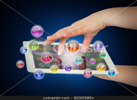 To use this stock image in your creative project, please select the size you need over to the right and click the "Add to Cart" button.
Your downloaded image will come with the Cutcaster watermark removed so don’t worry about the watermark you see on this page. Hands holding tablet pc stock photo, Hands holding tablet pc and application icons. The concept of software by cherezoff