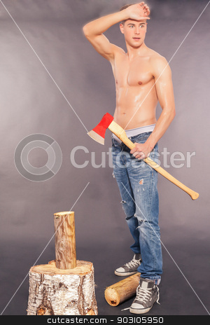 To use this stock image in your creative project, please select the size you need over to the right and click the "Add to Cart" button.
Your downloaded image will come with the Cutcaster watermark removed so don’t worry about the watermark you see on this page. Muscular young man chopping logs stock photo, Muscular handsome young man in paint spattered jeans, sneakers and a bare chest standing chopping logs with an axe on a grey studio background by Roland Stollner