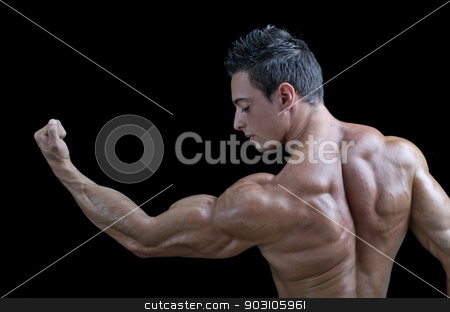 To use this stock image in your creative project, please select the size you need over to the right and click the "Add to Cart" button.
Your downloaded image will come with the Cutcaster watermark removed so don’t worry about the watermark you see on this page. Muscular young bodybuilder's back. Looking at bicep stock photo, Muscular young bodybuilder seen from the back, looking at his own bicep. Isolated on black by Stefano Cavoretto