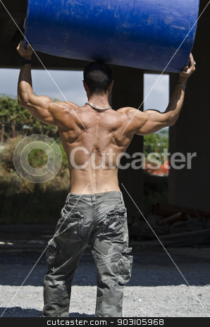 To use this stock image in your creative project, please select the size you need over to the right and click the "Add to Cart" button.
Your downloaded image will come with the Cutcaster watermark removed so don’t worry about the watermark you see on this page. Back of muscular construction worker shirtless in building site holding big barrel stock photo, Muscular construction worker shirtless in building site holding big blue barrel over his head, shot from the back by Stefano Cavoretto
