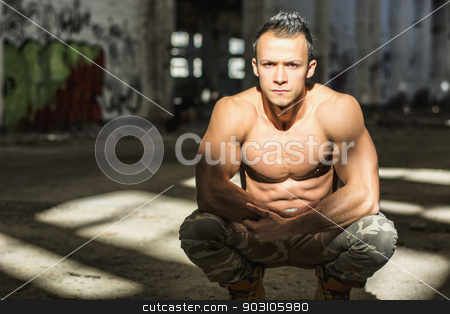 To use this stock image in your creative project, please select the size you need over to the right and click the "Add to Cart" button.
Your downloaded image will come with the Cutcaster watermark removed so don’t worry about the watermark you see on this page. Muscular shirtless young man in abandoned warehouse sitting stock photo, Muscular shirtless young man in abandoned warehouse sitting, looking at camera by Stefano Cavoretto