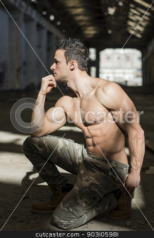 To use this stock image in your creative project, please select the size you need over to the right and click the "Add to Cart" button.
Your downloaded image will come with the Cutcaster watermark removed so don’t worry about the watermark you see on this page. Profile of muscular shirtless young man in abandoned warehouse stock photo, Profile of muscular shirtless young man in abandoned warehouse kneeling, looking away by Stefano Cavoretto