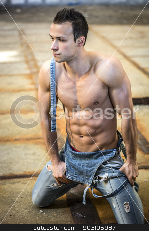 To use this stock image in your creative project, please select the size you need over to the right and click the "Add to Cart" button.
Your downloaded image will come with the Cutcaster watermark removed so don’t worry about the watermark you see on this page. Muscular shirtless young man with denim overalls kneeling stock photo, Muscular shirtless young man with denim overalls kneeling, looking away by Stefano Cavoretto