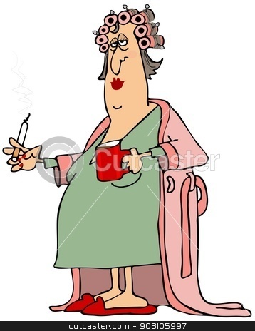 To use this stock image in your creative project, please select the size you need over to the right and click the "Add to Cart" button.
Your downloaded image will come with the Cutcaster watermark removed so don’t worry about the watermark you see on this page. Woman in a bathrobe stock photo, This illustration depicts a tired looking woman in curlers wearing a long bathrobe while holding a cigarette and cup of coffee. by Dennis Cox