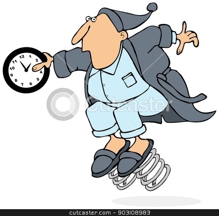 To use this stock image in your creative project, please select the size you need over to the right and click the "Add to Cart" button.
Your downloaded image will come with the Cutcaster watermark removed so don’t worry about the watermark you see on this page. Daylight savings time stock photo, This illustration depicts a man in a robe with springs on his slippers holding a clock at 2 AM. by Dennis Cox