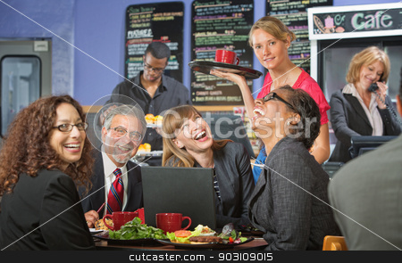 To use this stock image in your creative project, please select the size you need over to the right and click the "Add to Cart" button.
Your downloaded image will come with the Cutcaster watermark removed so don’t worry about the watermark you see on this page. Coworkers at Lunch Laughing stock photo, Coffee house barista serving laughing business people by Scott Griessel