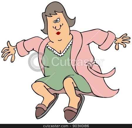 To use this stock image in your creative project, please select the size you need over to the right and click the "Add to Cart" button.
Your downloaded image will come with the Cutcaster watermark removed so don’t worry about the watermark you see on this page. Woman in an open robe jumping stock photo, This illustration depicts a woman wearing a nightgown and open robe jumping. by Dennis Cox