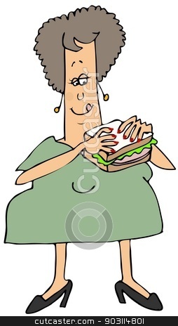 To use this stock image in your creative project, please select the size you need over to the right and click the "Add to Cart" button.
Your downloaded image will come with the Cutcaster watermark removed so don’t worry about the watermark you see on this page. Woman eating a bologna sandwich stock photo, This illustration depicts a chubby woman holding up a bologna sandwich. by Dennis Cox
