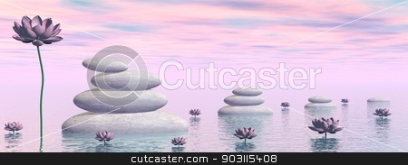 To use this stock image in your creative project, please select the size you need over to the right and click the "Add to Cart" button.
Your downloaded image will come with the Cutcaster watermark removed so don’t worry about the watermark you see on this page. Zen lily flowers - 3D render stock photo, Pink lily flowers and leaves next to white stones upon water by colorful day by Elenarts