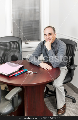 To use this stock image in your creative project, please select the size you need over to the right and click the "Add to Cart" button.
Your downloaded image will come with the Cutcaster watermark removed so don’t worry about the watermark you see on this page. Businessman sitting in office meeting room stock photo, Middle aged business man looking happy sitting at table in office meeting room by Elena Elisseeva