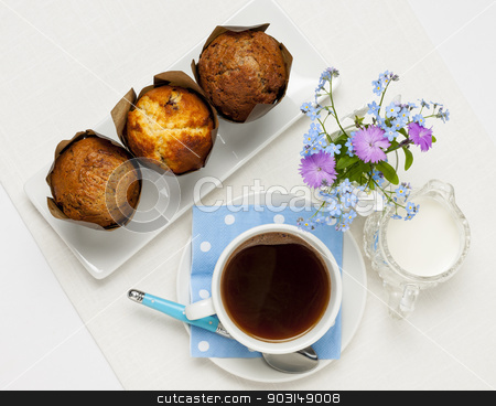 To use this stock image in your creative project, please select the size you need over to the right and click the "Add to Cart" button.
Your downloaded image will come with the Cutcaster watermark removed so don’t worry about the watermark you see on this page. Muffins and coffee stock photo, Breakfast of three muffins and coffee from above by Elena Elisseeva