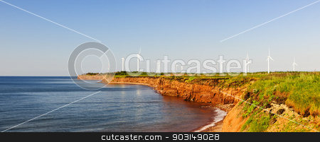 To use this stock image in your creative project, please select the size you need over to the right and click the "Add to Cart" button.
Your downloaded image will come with the Cutcaster watermark removed so don’t worry about the watermark you see on this page. Wind turbines on atlantic coast stock photo, Panoramic view of wind power generators at North Cape, Prince Edward Island, Canada by Elena Elisseeva
