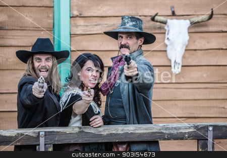 To use this stock image in your creative project, please select the size you need over to the right and click the "Add to Cart" button.
Your downloaded image will come with the Cutcaster watermark removed so don’t worry about the watermark you see on this page. Old West Trio Yells stock photo, Old west trio screams and points guns by Scott Griessel