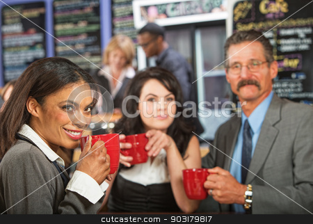 To use this stock image in your creative project, please select the size you need over to the right and click the "Add to Cart" button.
Your downloaded image will come with the Cutcaster watermark removed so don’t worry about the watermark you see on this page. Cheerful Business People in Cafe stock photo, Three cheerful business people meeting at indoor cafe by Scott Griessel