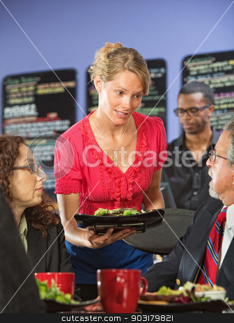 To use this stock image in your creative project, please select the size you need over to the right and click the "Add to Cart" button.
Your downloaded image will come with the Cutcaster watermark removed so don’t worry about the watermark you see on this page. Apologetic Server stock photo, Apologetic server bringing salad to upset business man by Scott Griessel