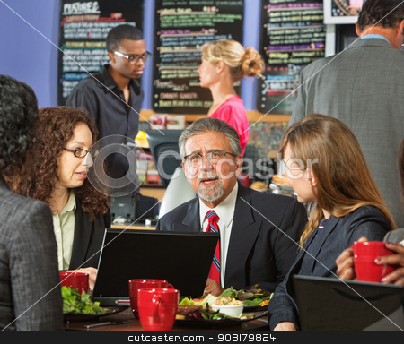 To use this stock image in your creative project, please select the size you need over to the right and click the "Add to Cart" button.
Your downloaded image will come with the Cutcaster watermark removed so don’t worry about the watermark you see on this page. Executives Eating Lunch stock photo, Group of diverse executives eating lunch in cafeteria by Scott Griessel