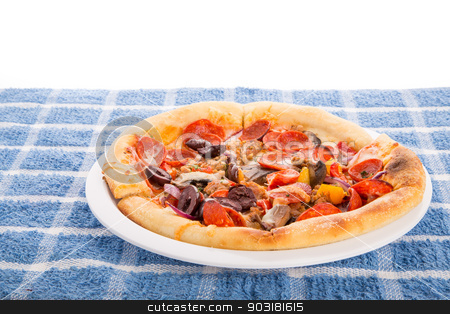 To use this stock image in your creative project, please select the size you need over to the right and click the "Add to Cart" button.
Your downloaded image will come with the Cutcaster watermark removed so don’t worry about the watermark you see on this page. Deluxe Individual Pizza stock photo, A single serve deluxe pizza on a white plate by Darryl Brooks