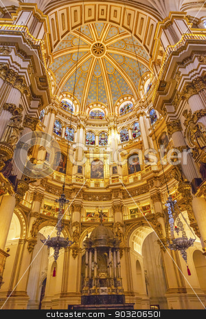 To use this stock image in your creative project, please select the size you need over to the right and click the "Add to Cart" button.
Your downloaded image will come with the Cutcaster watermark removed so don’t worry about the watermark you see on this page. Basilica Dome Stained Glass Cathedral Andalusia Granada Spain stock photo, Basilica Dome Stained Glass Cathedral Andalusia Grandada Spain. Built in the 1500s, housing the tombs of King Ferdinand and Isabella. Dome by Diego de Siloe, 16th Century Stained Glass by Juan del Campo. by William Perry