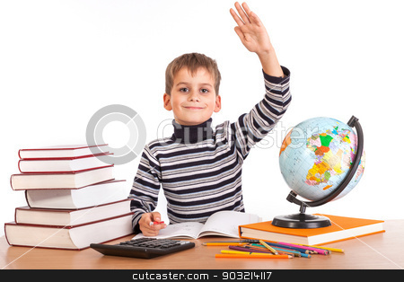 To use this stock image in your creative project, please select the size you need over to the right and click the "Add to Cart" button.
Your downloaded image will come with the Cutcaster watermark removed so don’t worry about the watermark you see on this page. Cheerful Schoolboy ready to answer question stock photo, Cheerful Schoolboy ready to answer question isolated on a white background by bloodua