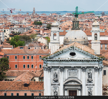 To use this stock image in your creative project, please select the size you need over to the right and click the "Add to Cart" button.
Your downloaded image will come with the Cutcaster watermark removed so don’t worry about the watermark you see on this page. Church with Venice Rooftops stock photo, Tile rooftops and church domes across Venice skyline by Darryl Brooks