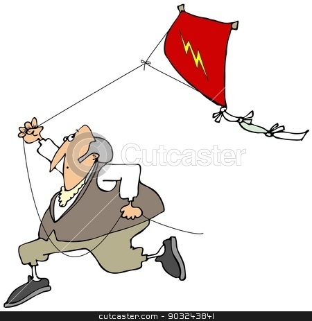 To use this stock image in your creative project, please select the size you need over to the right and click the "Add to Cart" button.
Your downloaded image will come with the Cutcaster watermark removed so don’t worry about the watermark you see on this page. Ben Franklin flying a kite stock photo, This illustration depicts Benjamin Franklin running with a red kite flying behind him. by Dennis Cox